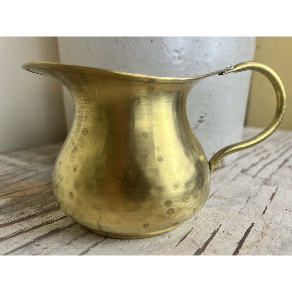 Antique Artisan Brass Hand Pounded Hammered Design Handled Pitcher Vase 5.25”